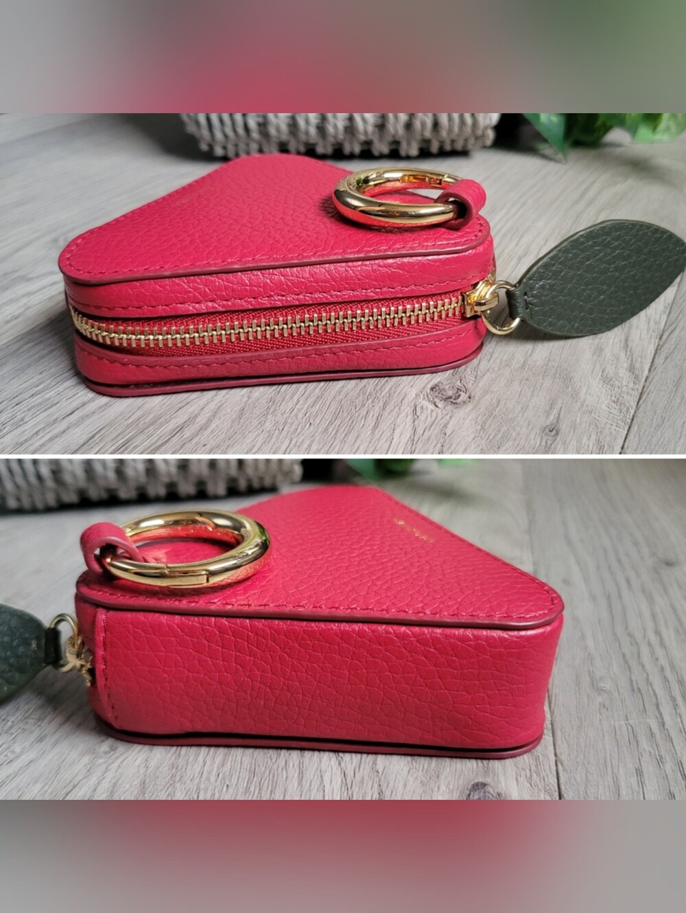 Cuyana Triangle Fruit Pouch Italian Leather Rare Raspberry & Gold Hinge, 4" x 4" - Picture 5 of 16